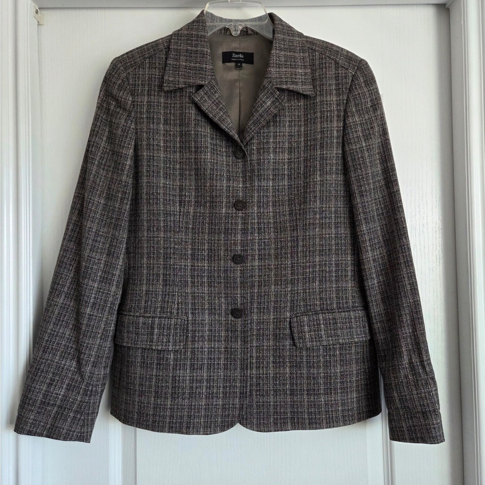 Zanella Italian Made Wool‎ Blend Plaid Tweed Blazer Jacket Sz 8 Preppy Career